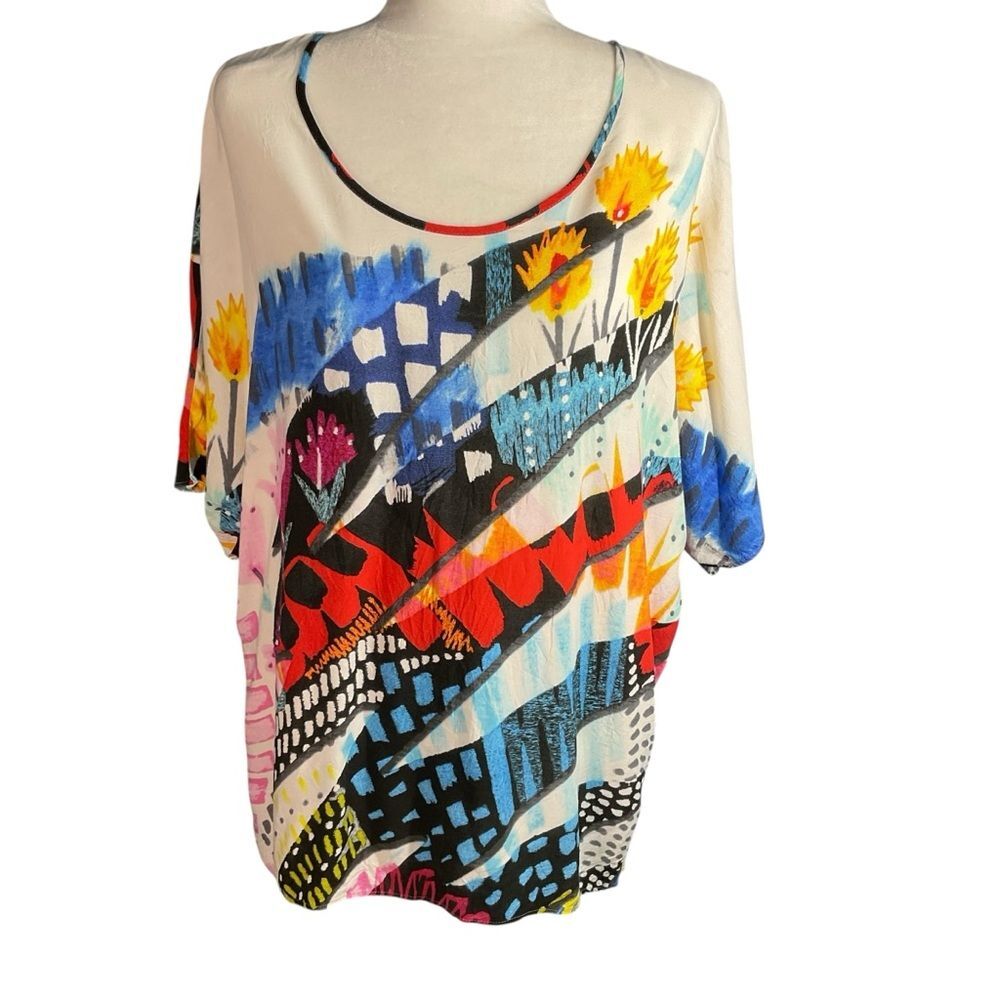 Jams World Abstract Colorful Cliche Floral Graphic Art Rayon Tunic Top Size M